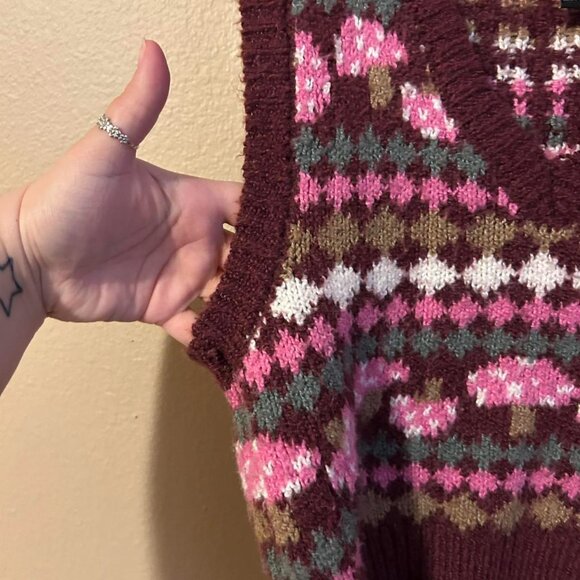 Brown and Pink Shroom Mushroom Forever 21 Soft Knot Sweater Vest Retro Style - Picture 7 of 8